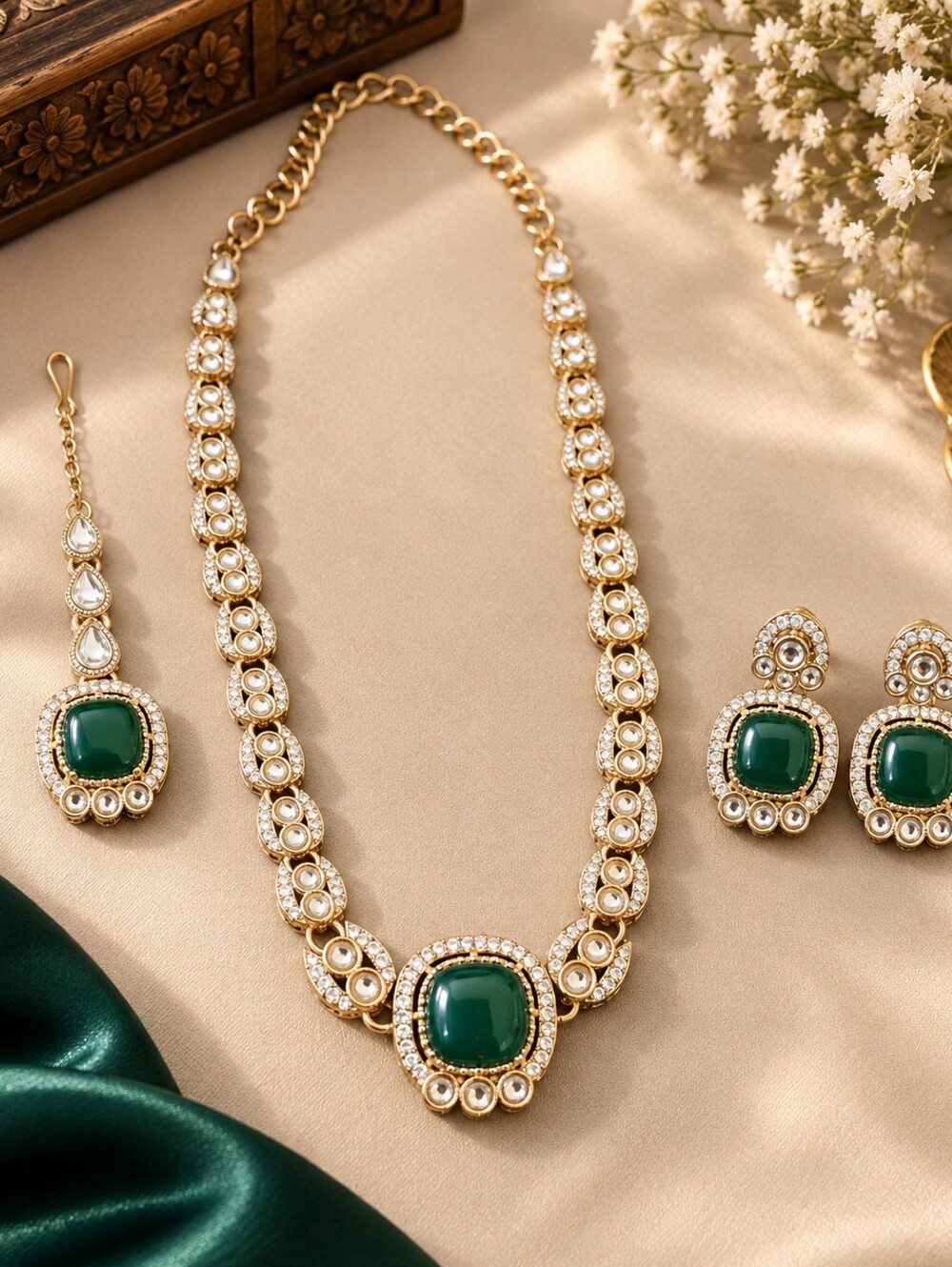 Emerald Green Kundan Polki Necklace Set with Earrings & Maang Tikka